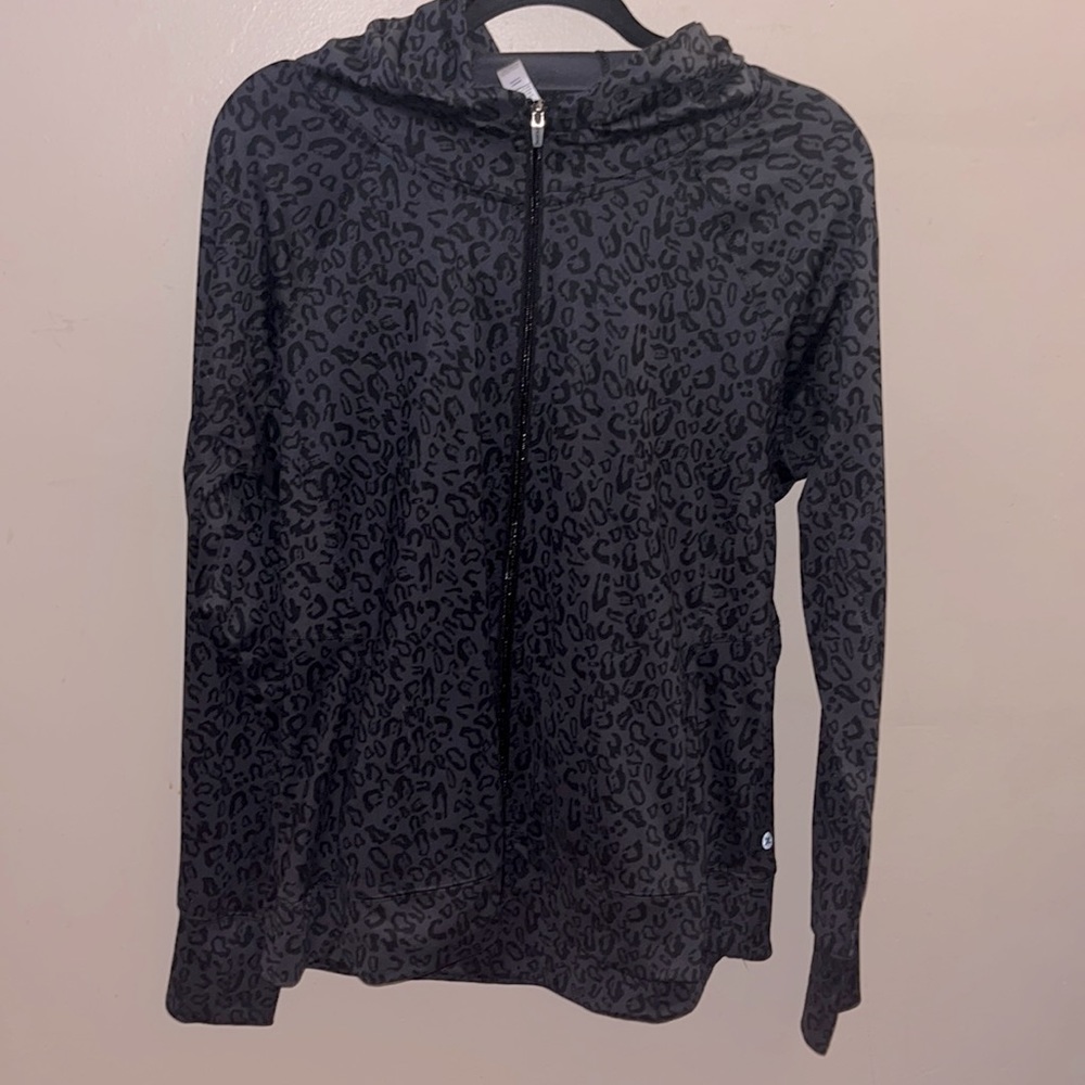 Women’s Cheetah Print Hoodie, Full Zip Up, Gray and Black Sweatshirt, Large
